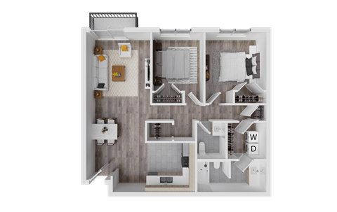 a 3d floor plan of a bedroom with a bathroom and a living room